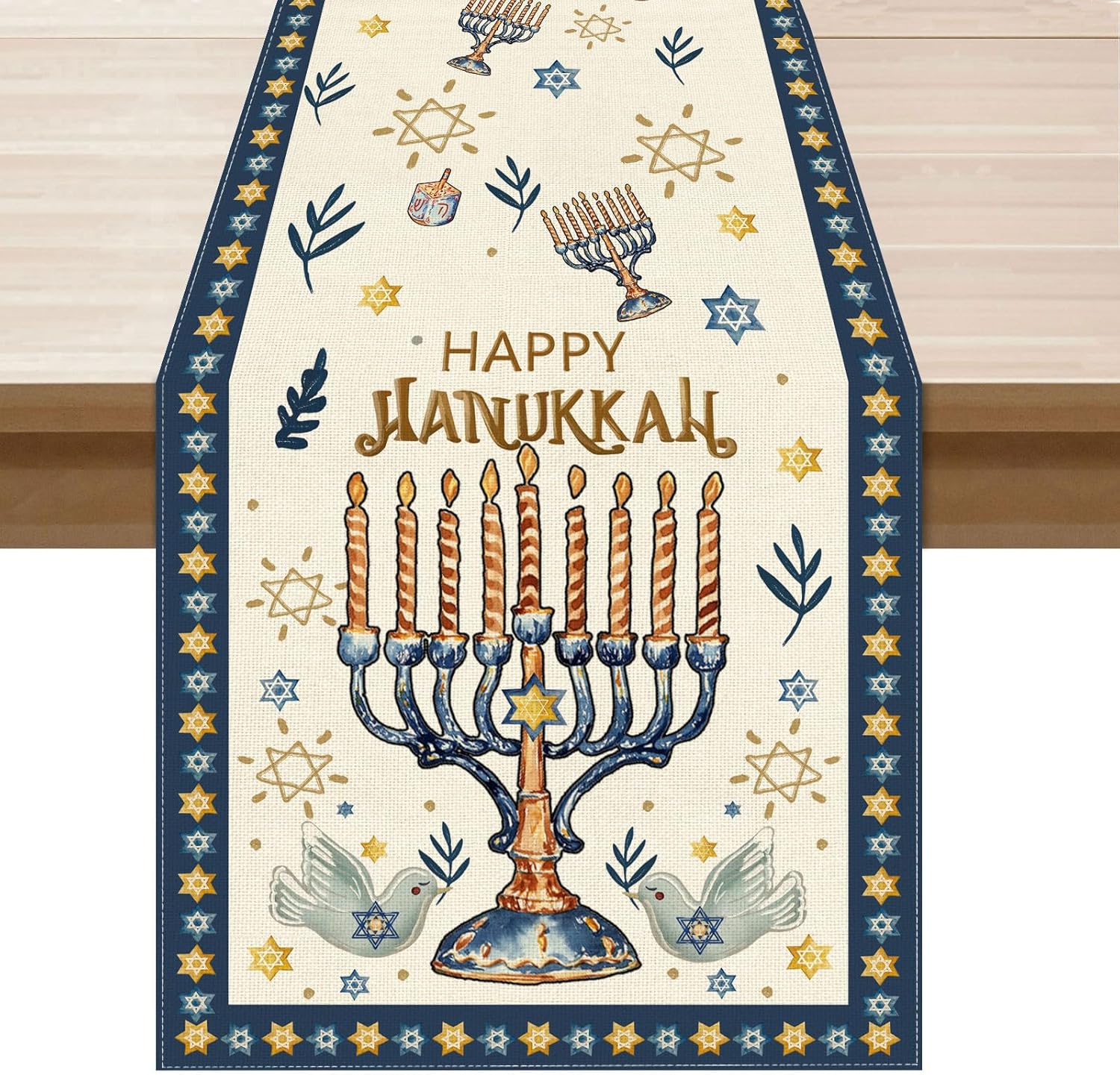 Linen Table Runner - Happy Hanukkah Chanukah Menorah Hexagram Table