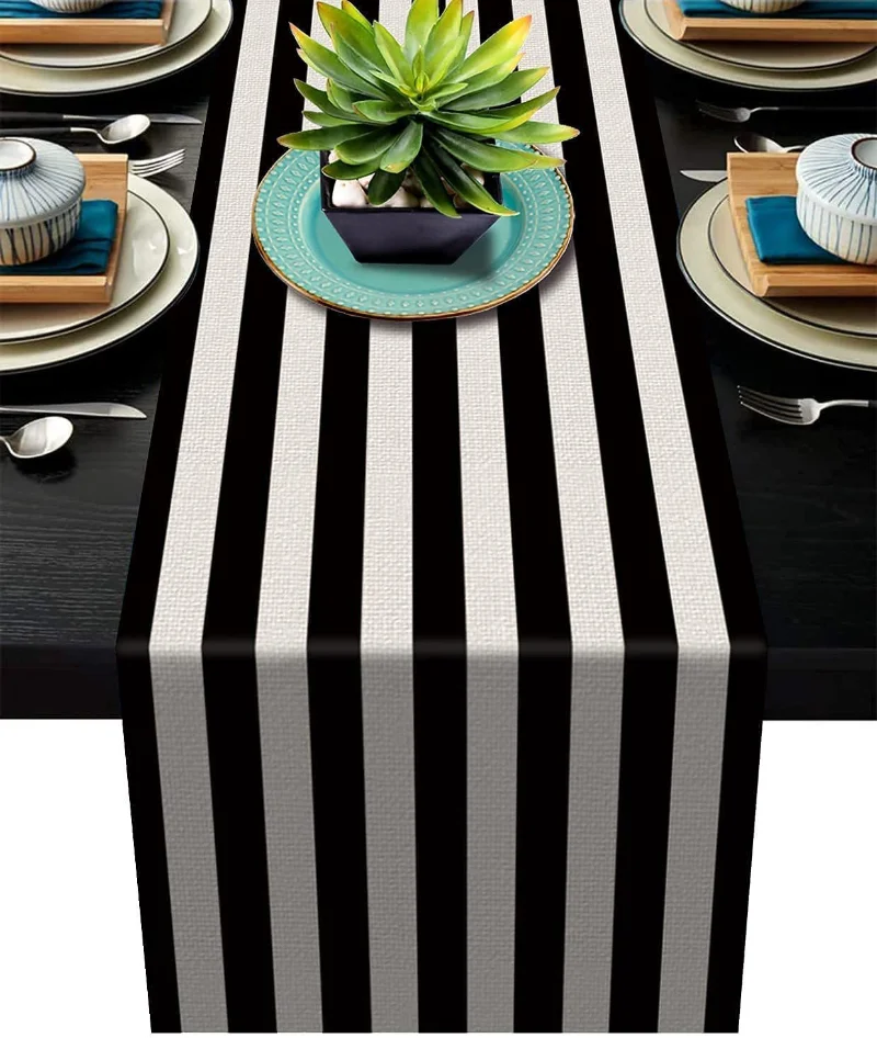 Linen Table Runner - New Geometric Linen Striped Table Runner