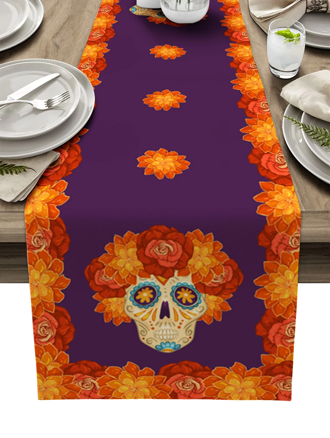 Linen Table Runner - Mexican Day of The Dead Skull