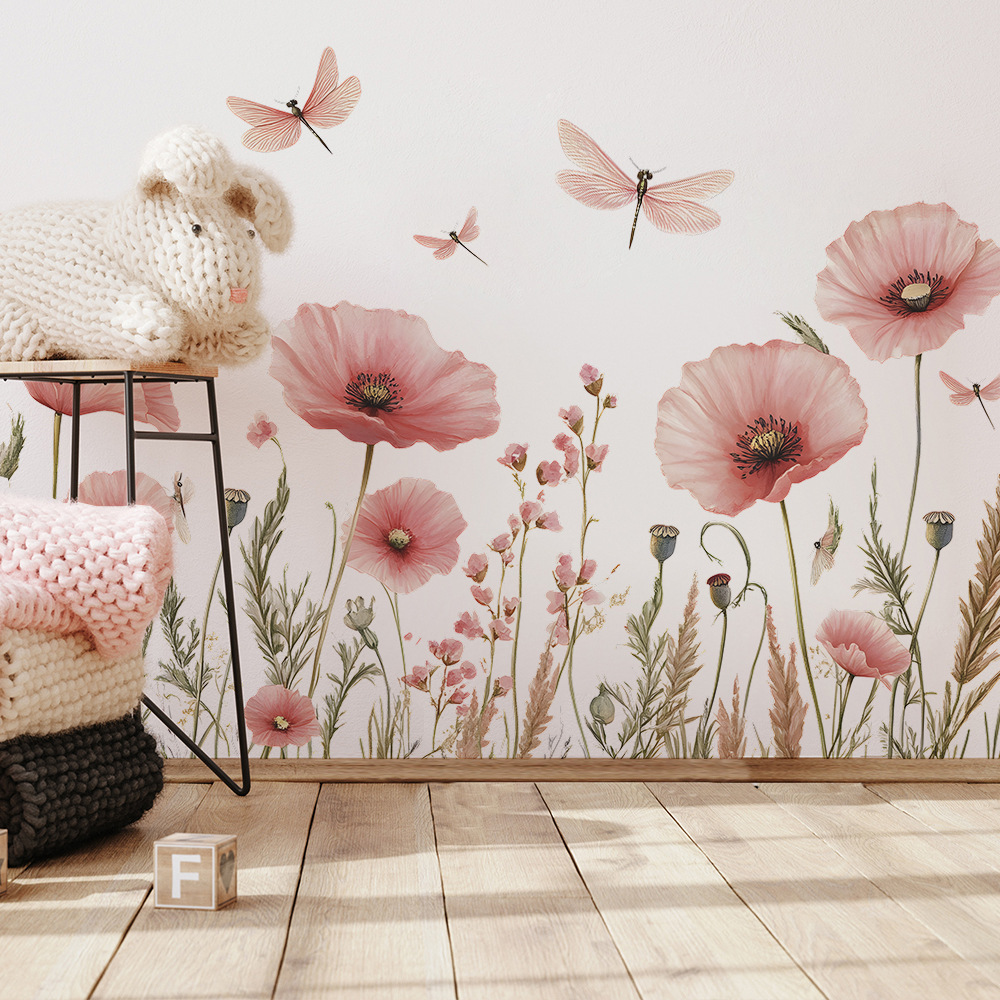 Home Decor Indonesia - Watercolor Pink Flowers Dragonfly Wall Stickers